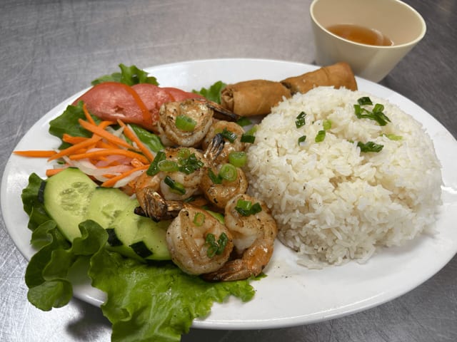 Grilled Shrimp & Egg Roll Plate.