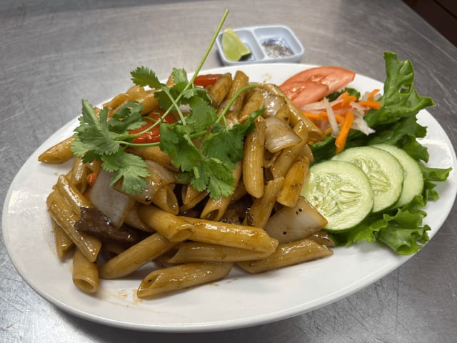 Shaking Beef with Penny Pasta.