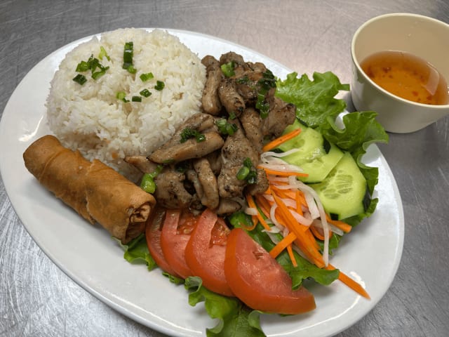 Grilled Chicken & Egg Roll Plate.